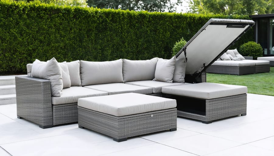 Modern outdoor sectional sofa with visible lift-top storage compartments, showcasing sleek design and smart cushion storage solutions in a stylish patio setting.