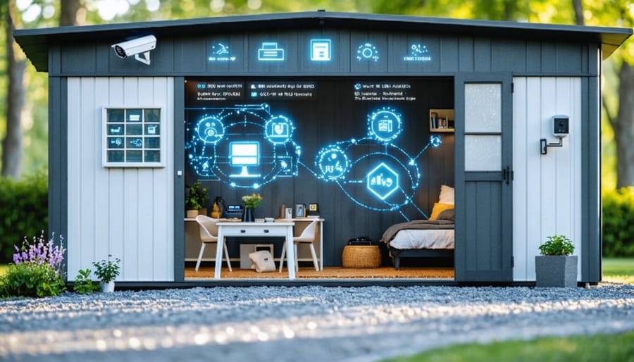 Modern shed interior equipped with various smart home technologies and voice control capabilities
