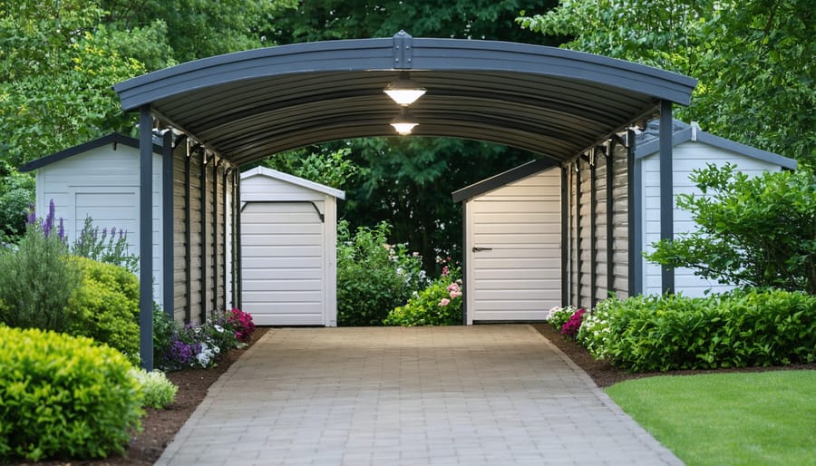 Weather-protected walkway between two sheds featuring smart lighting installation