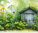 A flourishing garden showcasing natural pest control with vibrant plants and flowers, ladybugs, and a garden shed embodying eco-friendly practices.
