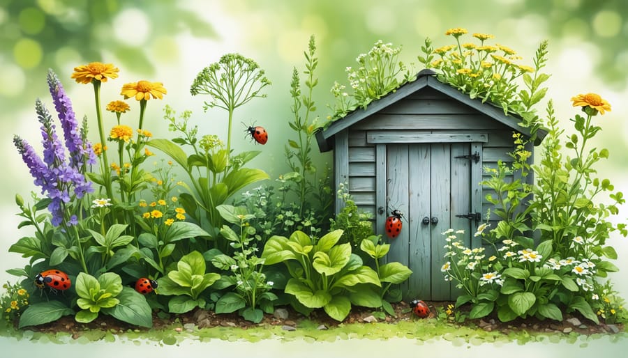 A flourishing garden showcasing natural pest control with vibrant plants and flowers, ladybugs, and a garden shed embodying eco-friendly practices.