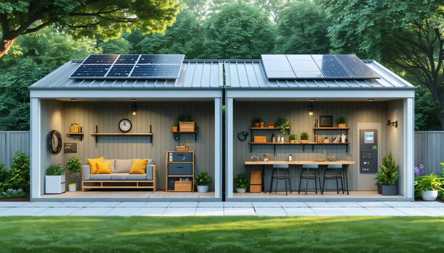 Conceptual illustration of two connected garden sheds featuring a covered walkway, smart technology elements, and modern design, representing a high-tech backyard workspace.