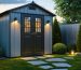 A fortified garden shed with visible security measures, including heavy-duty padlocks, reinforced windows, motion-activated LED lights, and thorny shrubs for protection, set in a well-maintained backyard during evening hours.