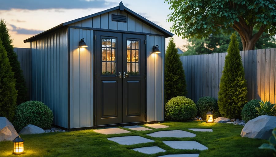 A fortified garden shed with visible security measures, including heavy-duty padlocks, reinforced windows, motion-activated LED lights, and thorny shrubs for protection, set in a well-maintained backyard during evening hours.