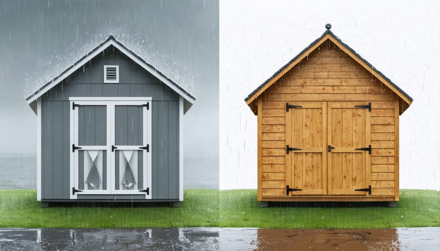 Comparison showing water beading off a vinyl shed while a wooden shed absorbs moisture