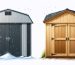Conceptual illustration comparing vinyl and wood sheds in different weather conditions, highlighting vinyl's water resistance and low maintenance versus wood's need for upkeep and protection.