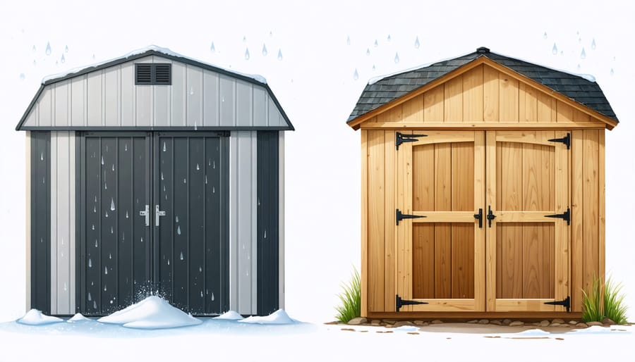 Conceptual illustration comparing vinyl and wood sheds in different weather conditions, highlighting vinyl's water resistance and low maintenance versus wood's need for upkeep and protection.
