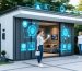 Person using voice commands to operate a high-tech smart shed with integrated lighting, security, and climate control features.