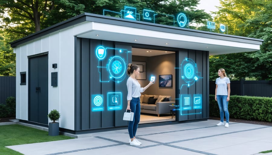 Person using voice commands to operate a high-tech smart shed with integrated lighting, security, and climate control features.