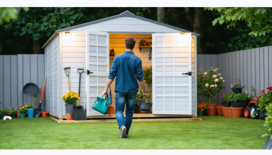 Individual with hands full of tools speaking to activate shed lights via voice control