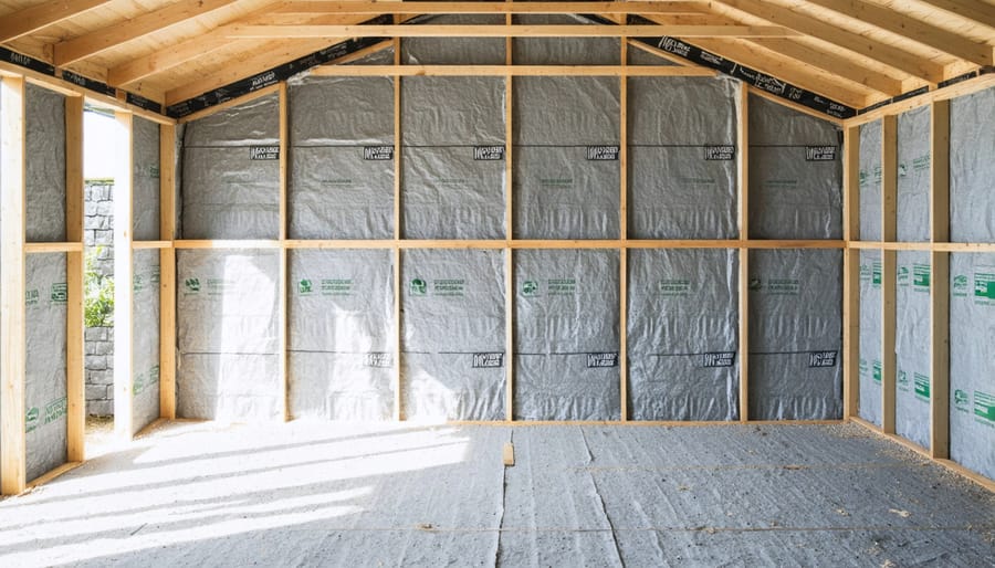 Person installing eco-friendly insulation material between shed wall studs