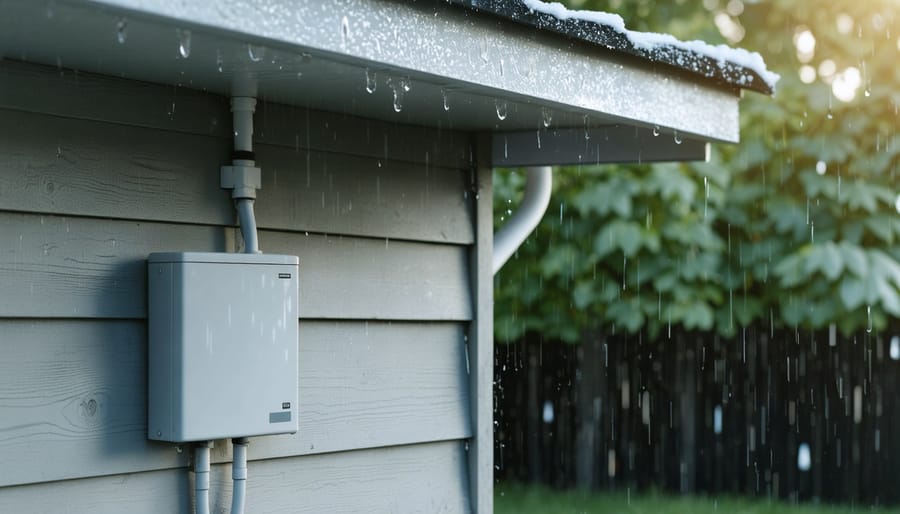 A weather-resistant junction box mounted on a shed wall under an overhang, surrounded by rain and snow, showcasing its durability and protective capabilities in a lush outdoor setting.