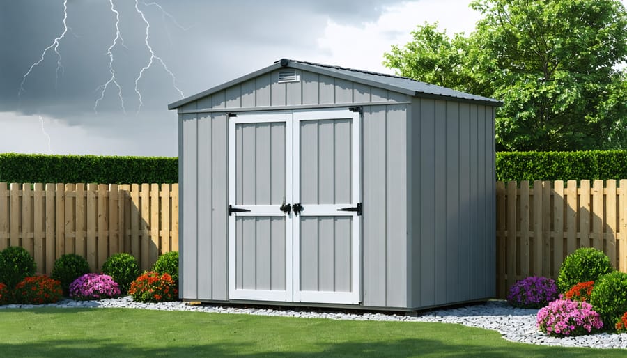 Artistic representation of a windproof storage shed with reinforced walls and anchoring, surrounded by strategic landscaping for wind protection.