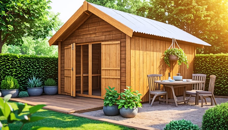 Person applying protective weatherproof coating to a wooden shed