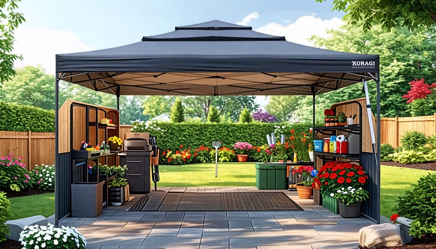 Outdoor storage canopy in a backyard, neatly organized with garden tools and sports equipment, demonstrating its versatility and space-saving benefits.