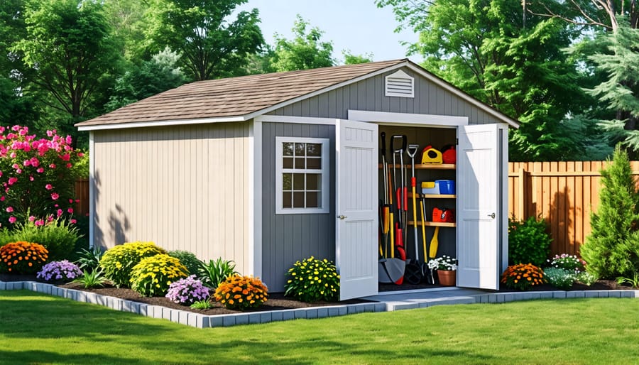 A sleek and modern vinyl storage shed harmoniously integrated into a well-maintained backyard, highlighting its aesthetic appeal and functionality as a practical storage solution.