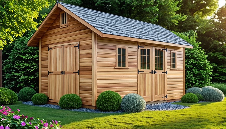 Rustic wooden shed featuring cedar siding that has aged to a silvery gray color