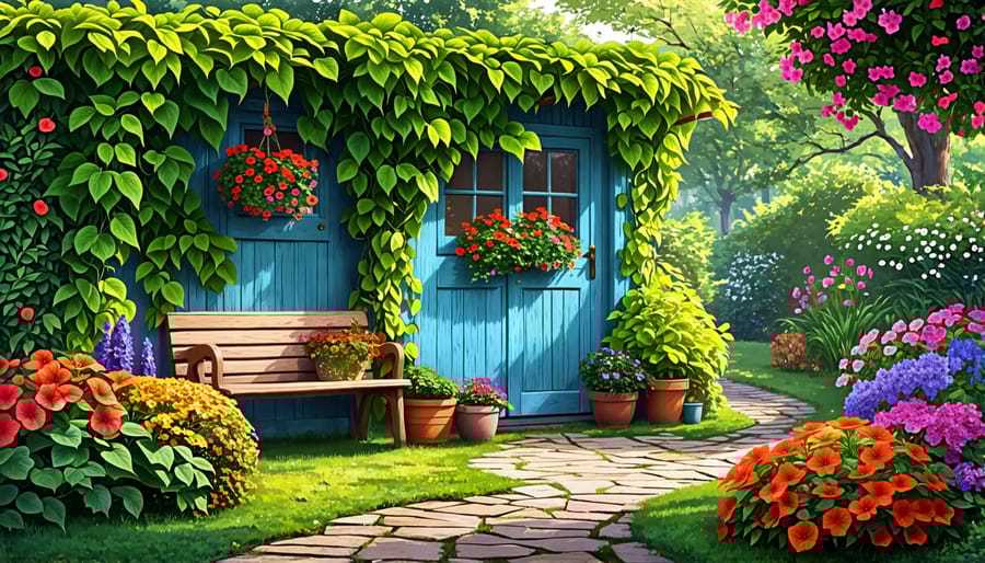 A picturesque backyard scene with a small shed adorned with climbing plants, cozy seating area, and lush pathways leading through vibrant landscaping.