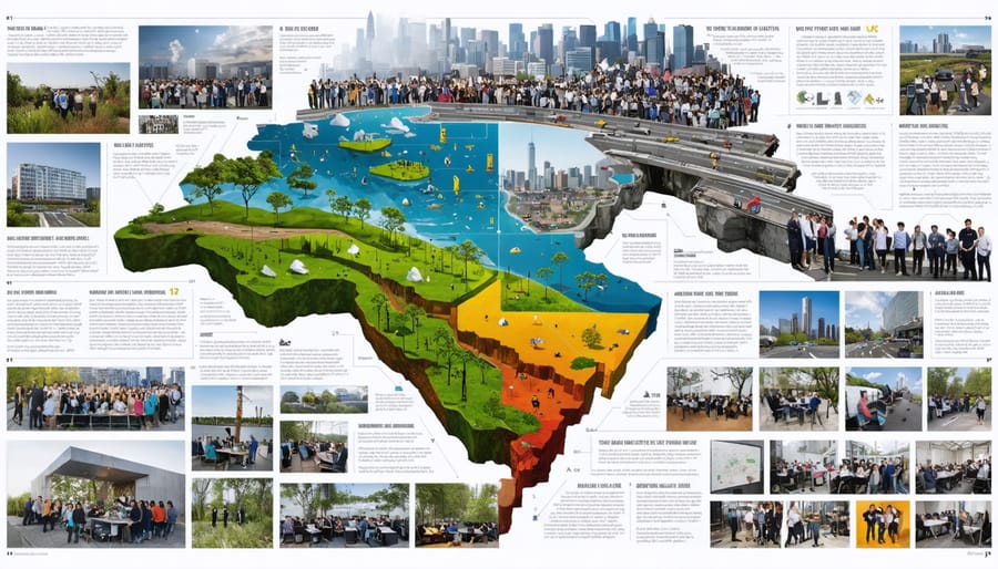 A collage depicting climate resilience efforts across the U.S., with maps, community discussions, and adaptation infrastructure.