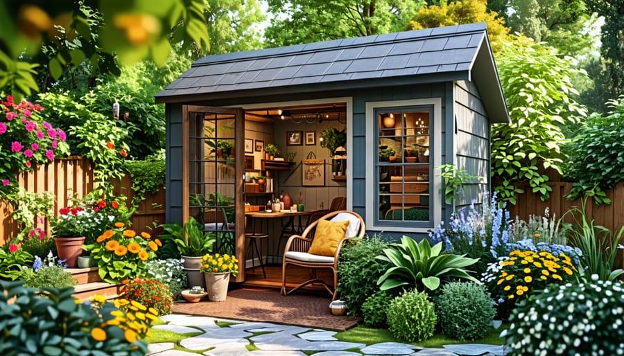 A collection of creatively transformed backyard sheds featuring repurposed furniture and decor, nestled in lush greenery, demonstrating versatile uses like a garden retreat and artist studio.