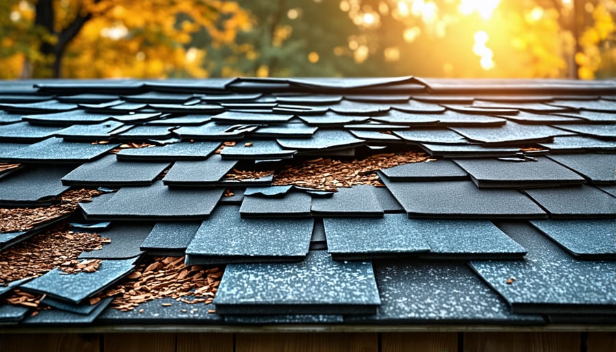 Close-up view of a damaged shed roof in need of repair