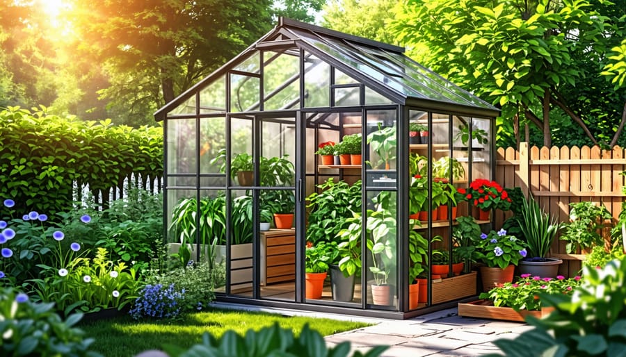 A DIY backyard garden shed greenhouse with transparent panels showcasing plants and organized storage shelves, embodying both practicality and beauty.
