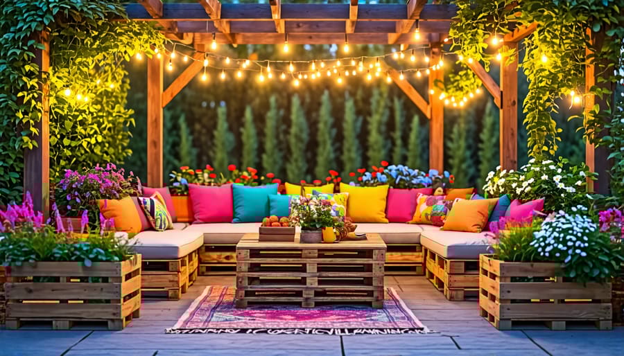 Beautifully transformed patio showcasing handmade pallet furniture, ambient string lights, and colorful planter boxes.