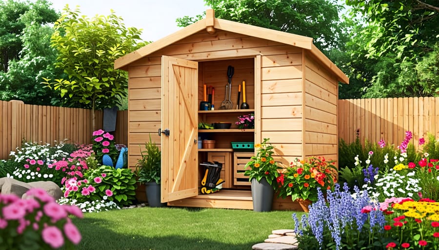 A newly built wooden garden shed set within a beautiful backyard garden environment, showcasing shelving and organized gardening tools inside.