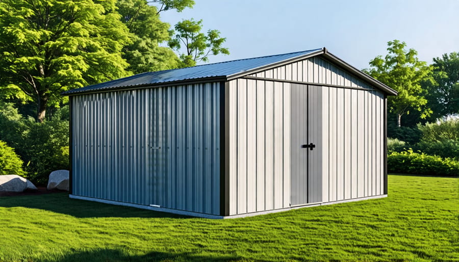 Durable metal storage shed with weather-resistant coating
