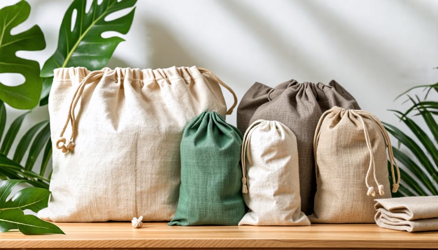 Collage of eco-friendly storage bags made from organic cotton, hemp, and recycled plastics, displayed in various sizes, styles, and colors against a natural backdrop.