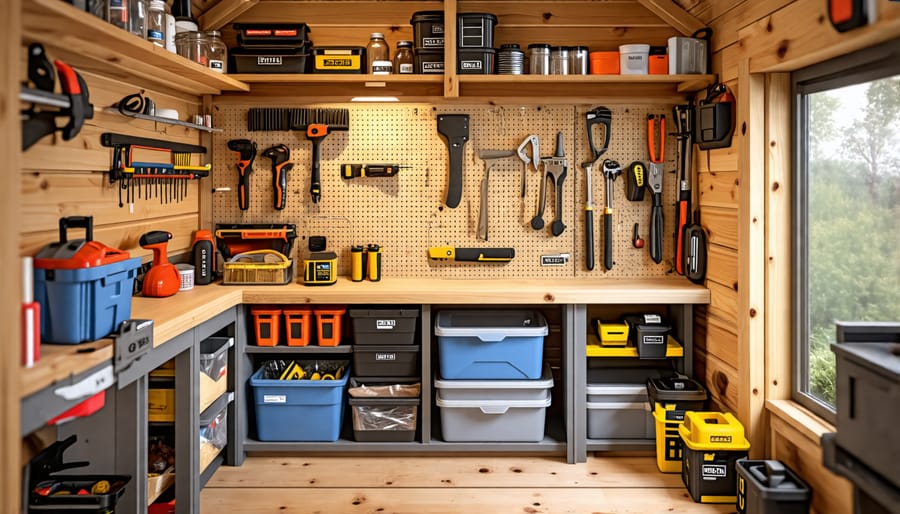 A well-organized small shed featuring vertical storage with pegboards, labeled shelves, and repurposed household items for efficient tool organization.