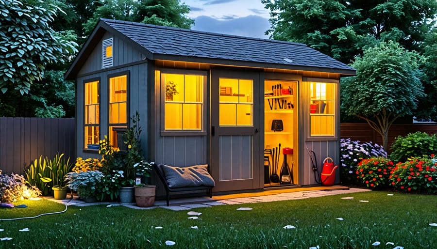 A cozy, well-lit backyard shed with visible tools and electrical panel, showcasing its electrification and functionality.
