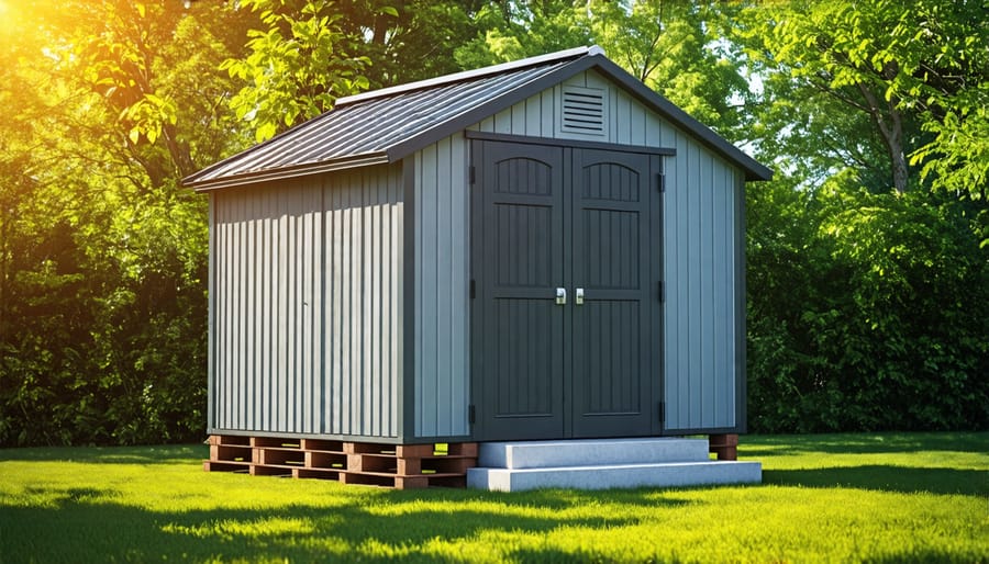 Example of a shed elevated on blocks to prevent moisture issues