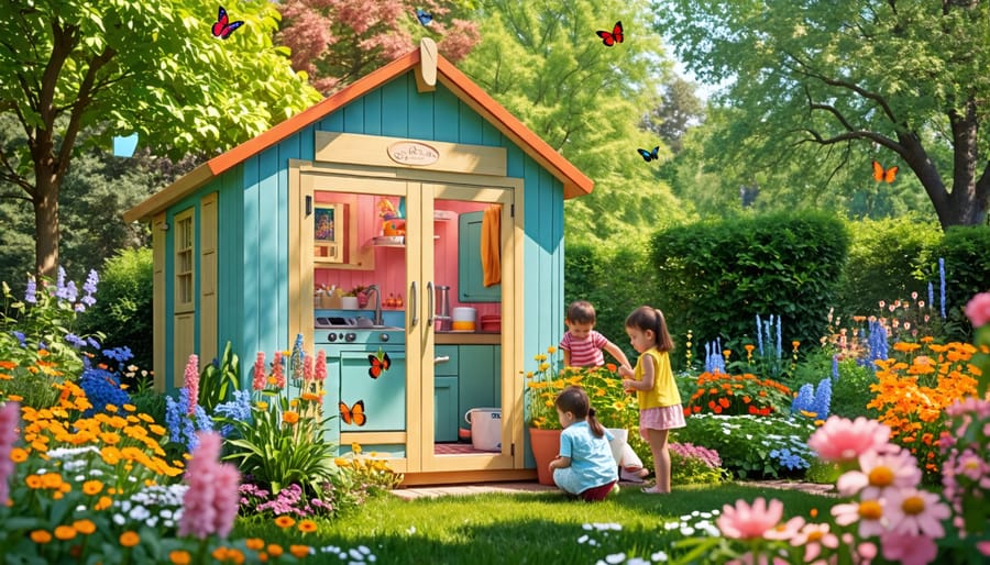 Charming small shed playhouse in a backyard, surrounded by vibrant flowers and trees, with children playing joyfully around it.
