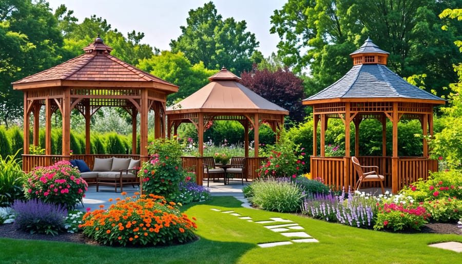 A vibrant garden showcasing various gazebo styles, including a classic cedar wood gazebo, a sleek metal structure, an elegant Victorian-style gazebo, an airy fabric-topped gazebo, and a rustic log design, each enhancing the beauty of the outdoor space.