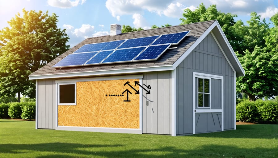 Illustration of a storage shed with solar panels, energy-efficient windows, natural lighting, cool roof, LED bulbs, and visible insulation representing energy-saving upgrades.