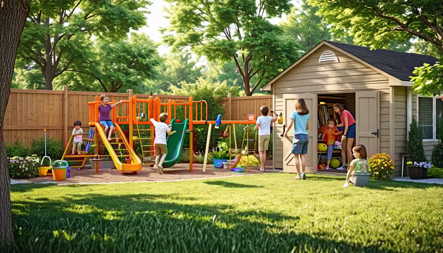 A family enjoying a safe summer day in a well-maintained yard, with children playing on secure equipment, adults organizing garden tools and relaxing under tree shade.
