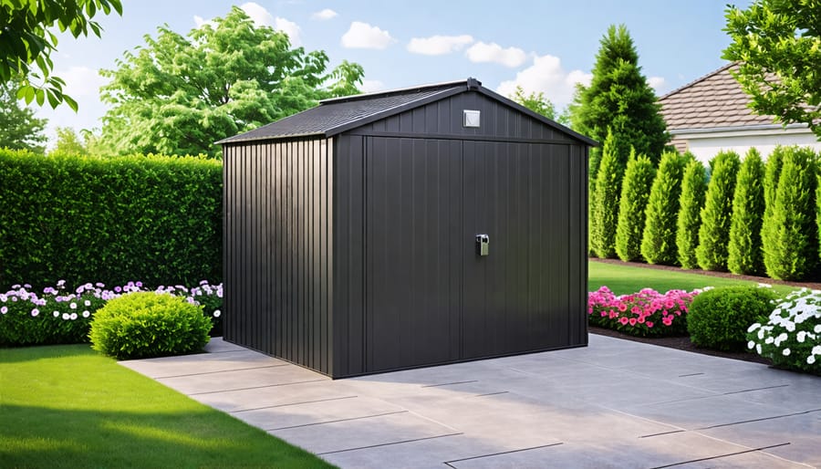 A rugged, weatherproof security shed with reinforced steel construction and a sturdy locking system, situated in a well-landscaped residential backyard, representing protection and property enhancement.