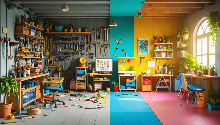 A dynamic split showing before and after a shed transformation; the left side depicts a clutter-filled shed, while the right side reveals a stylish and organized creative studio space.