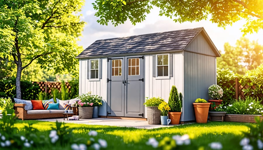 A proud homeowner standing beside a neat shed and an organized garden space