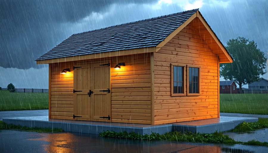 Illustration of a weatherproof wooden shed elevated on concrete blocks, showcasing sealed windows and a pitched roof with stormy weather in the background.