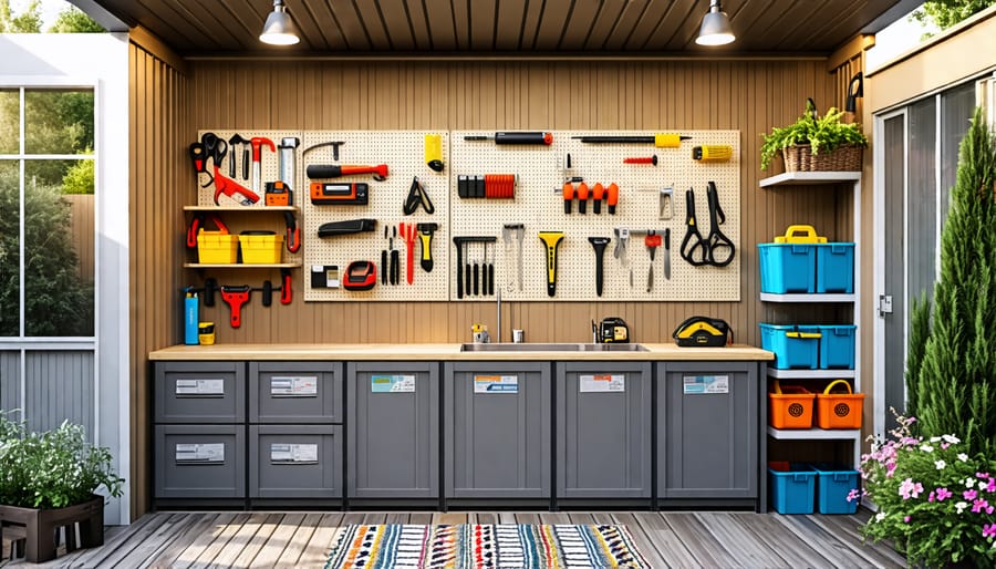 Interior of a neatly organized plastic shed with shelves, pegboards, and labeled storage bins, demonstrating efficient use of vertical space.