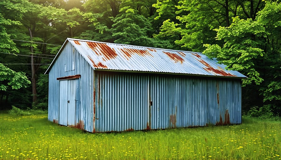 Durable shed protected by corrugated steel siding with a distressed, galvanized appearance