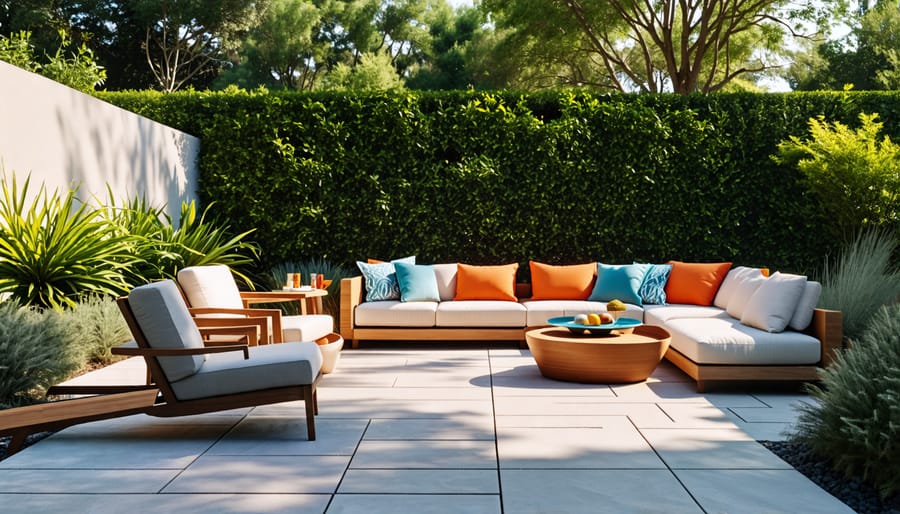 A beautifully transformed backyard featuring modern outdoor furniture, including a sleek patio chair, elegant dining table, and stylish sofa with vibrant cushions, set against a lush green backdrop under a clear blue sky.