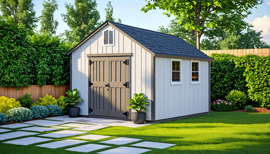 An attractive vinyl storage shed situated in a well-maintained backyard, showcasing its aesthetic appeal and durability.