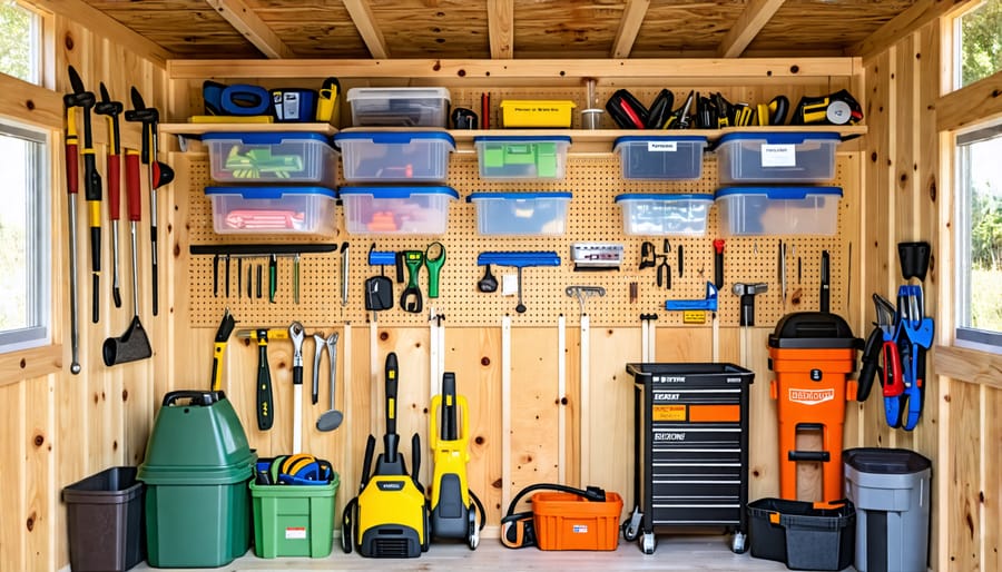 A neatly organized shed with designated zones for tools, gardening supplies, and sports equipment, utilizing wall shelves, pegboards, and overhead storage for maximum efficiency.