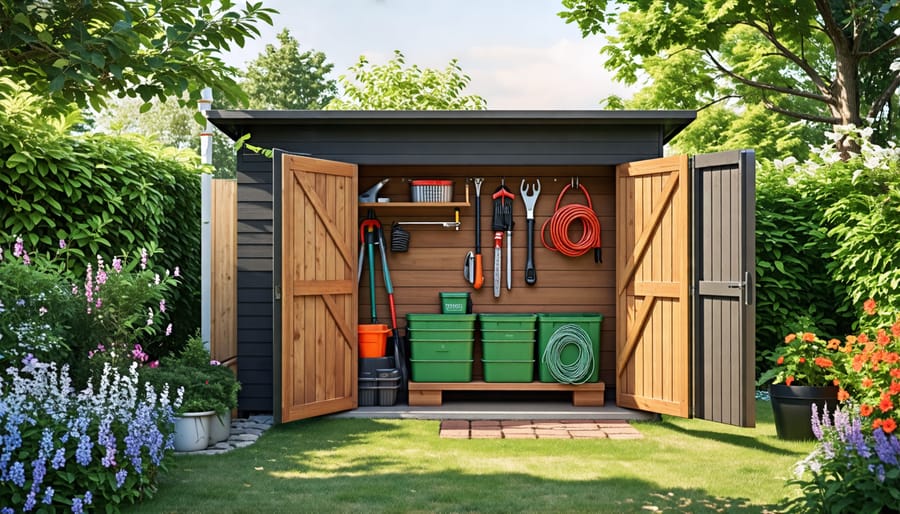 A stylish wooden shed with an open door reveals a well-organized interior, featuring tools hanging on hooks and clear storage bins on shelves, set within a beautifully maintained garden.