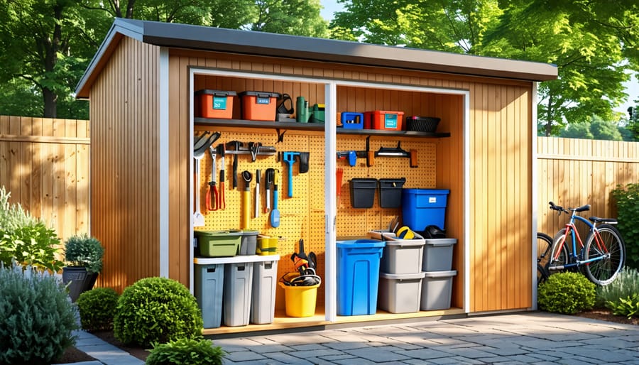 "An organized and tidy storage shed with labeled bins, shelves, and pegboards showcasing efficiently arranged tools and equipment in a well-lit space."