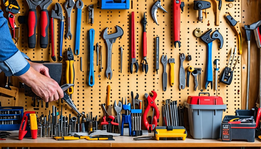 Using a pegboard to organize tools in a shed for better accessibility