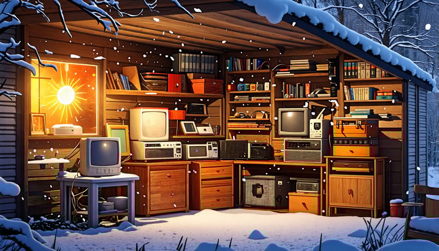 Interior of a temperature-controlled shed with diverse stored items shielded from external weather extremes like sun and snow, illustrating safe and stable storage conditions.